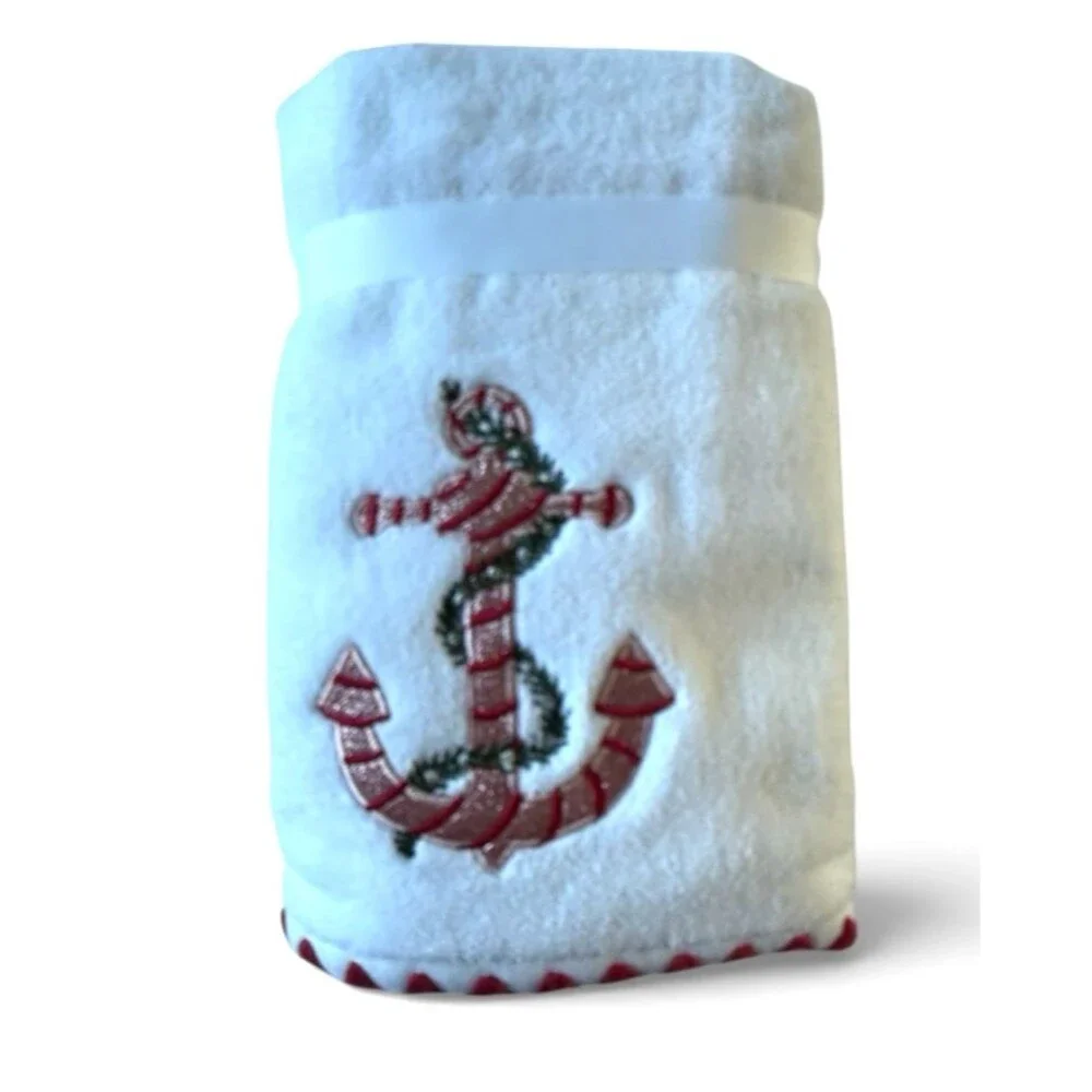 Kassa Decor Christmas White Hand Towels Set of 2 Pink Anchor Embroidered
